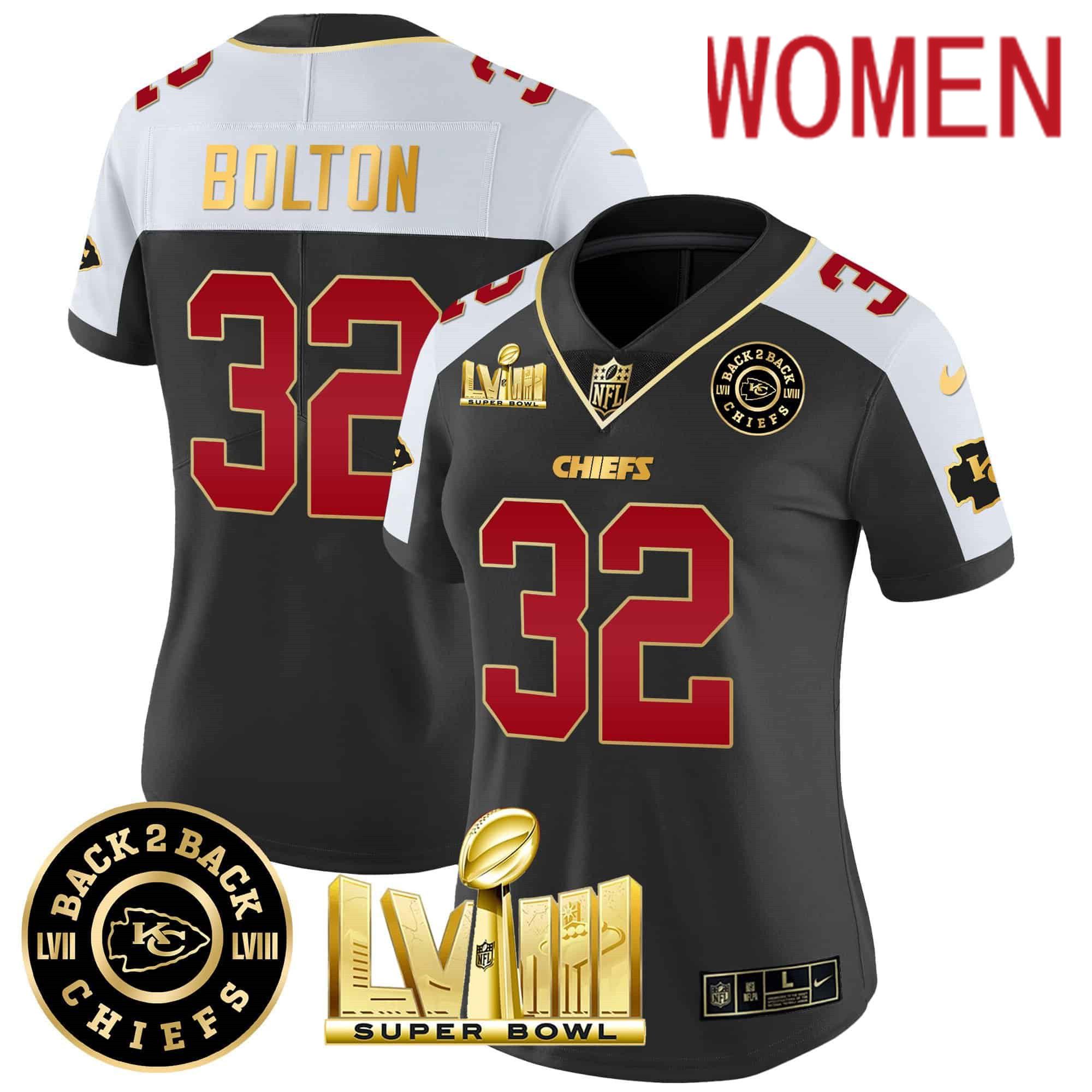 Women Kansas City Chiefs #32 Bolton Black 2024 Nike Super Bowl LVIII & Back-2-Back Patch Vapor NFL Jersey